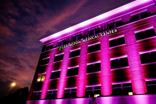Lexington Medical Center building lit up in pink