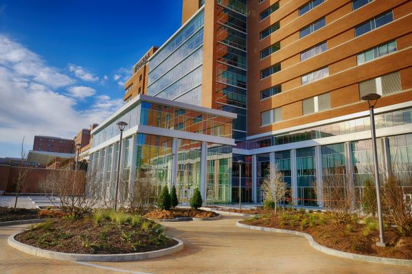 The Serenity Garden next to the new glass-fronted tower at Lexington Medical Center.