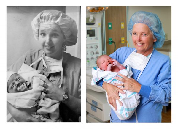 Side by side photos of Pam from 1986 and now, holding a baby.
