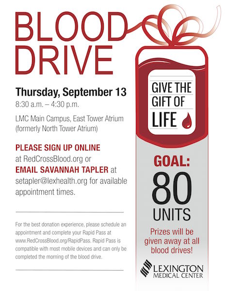 Flyer with information for the blood drive at Lexington Medical Center on September 13, 2018.