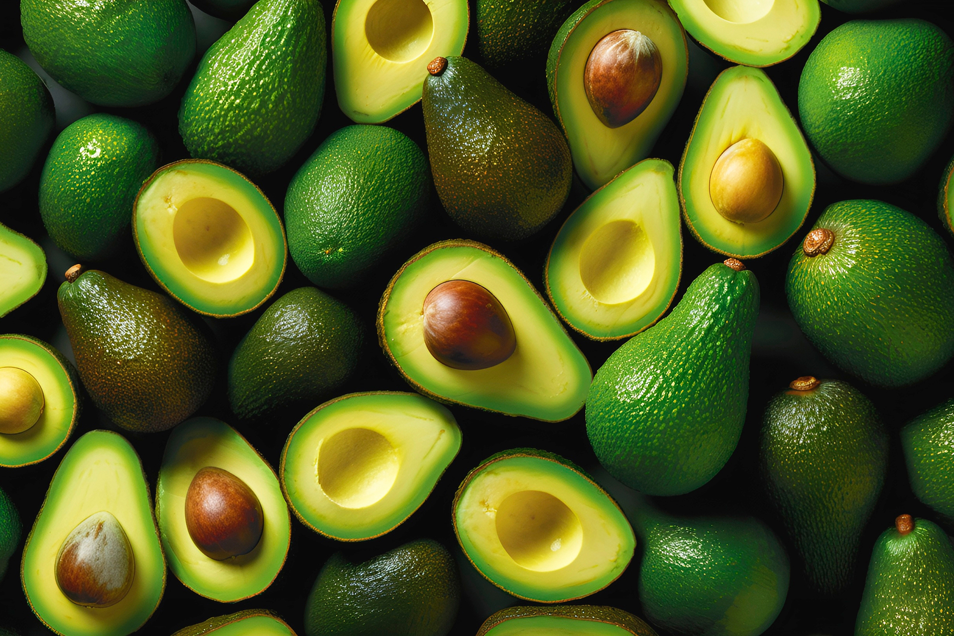 Array of whole and halved avocados