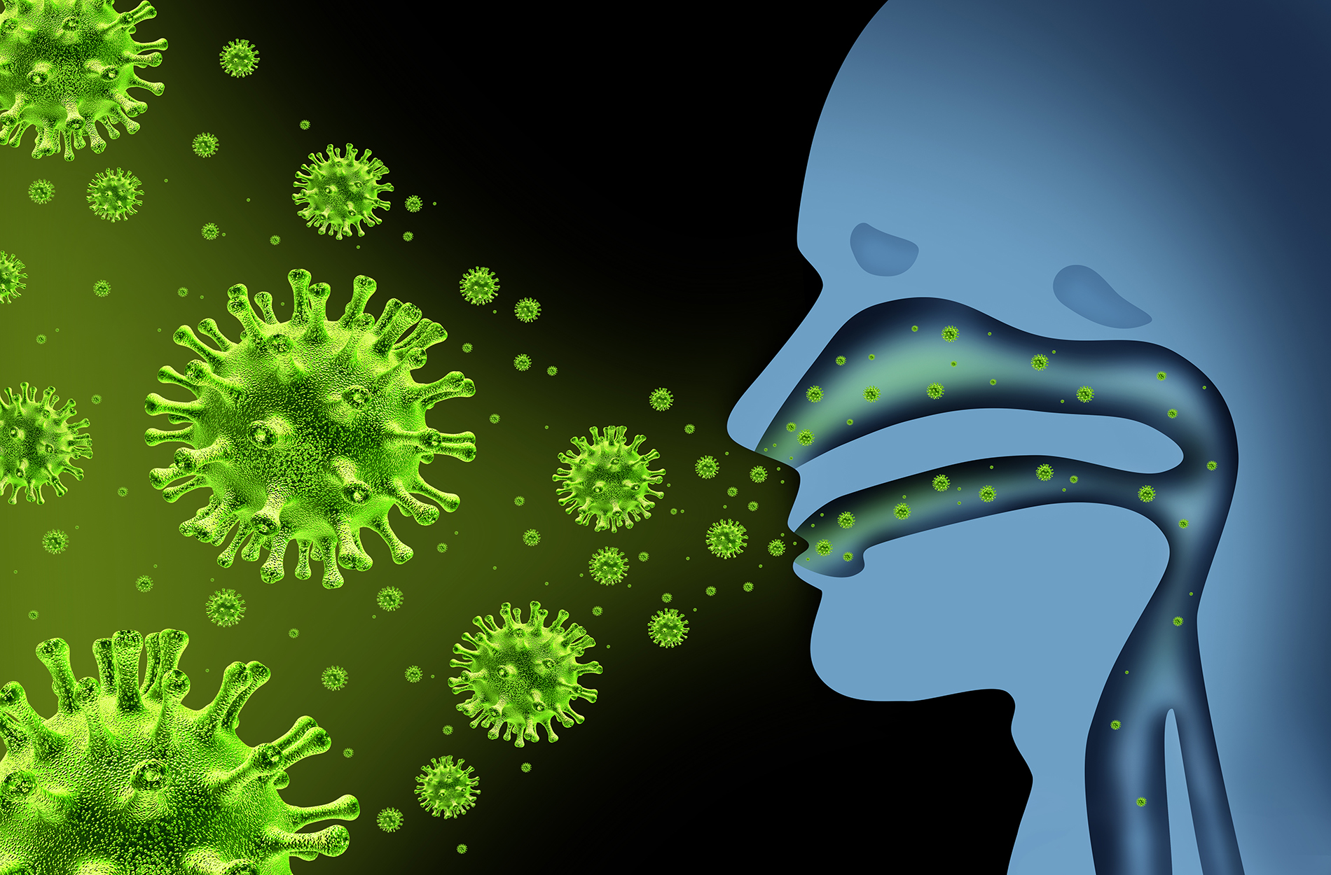 Graphic of flu virus exiting respiratory system