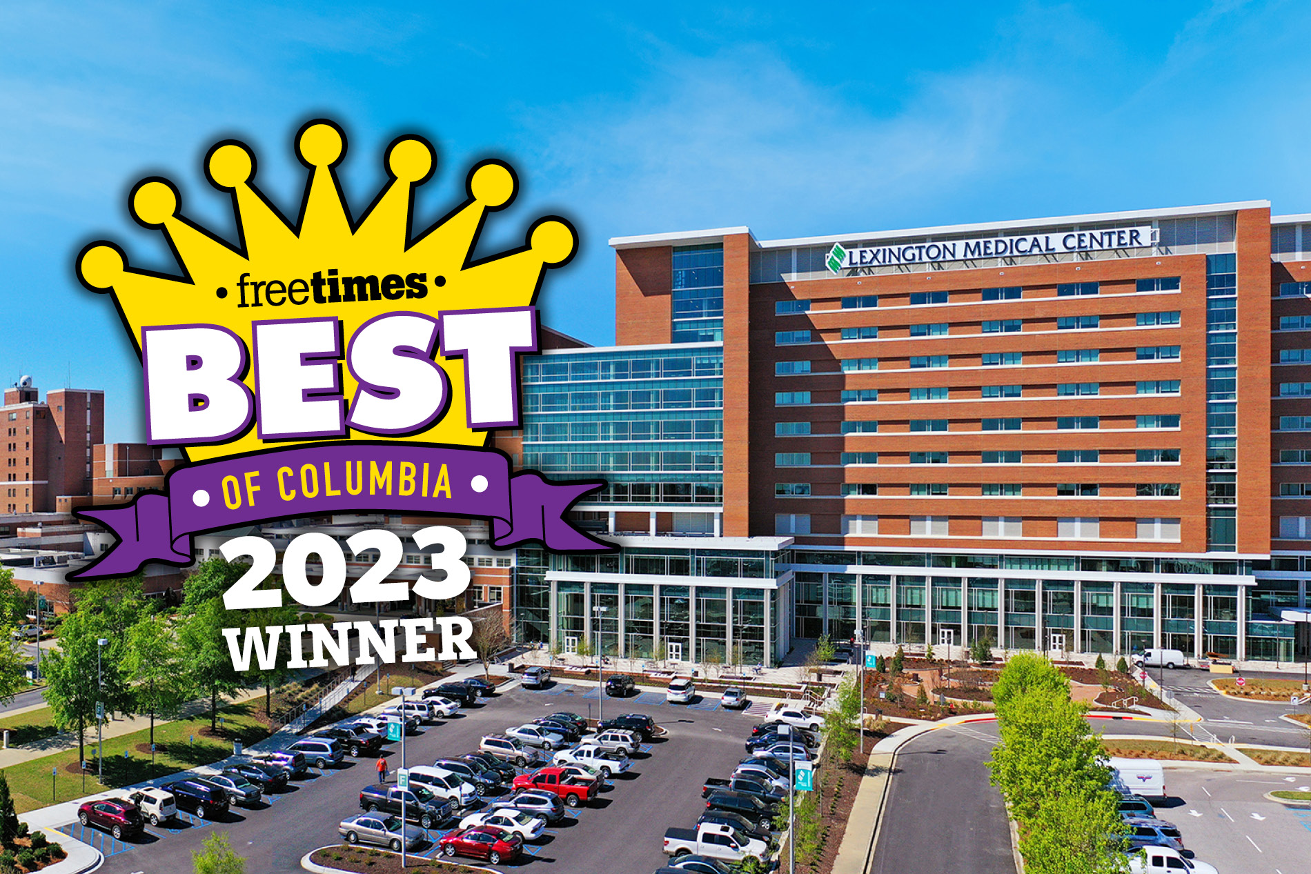 Aerial photo of Lexington Medical Center with Free Times "Best of Columbia" seal