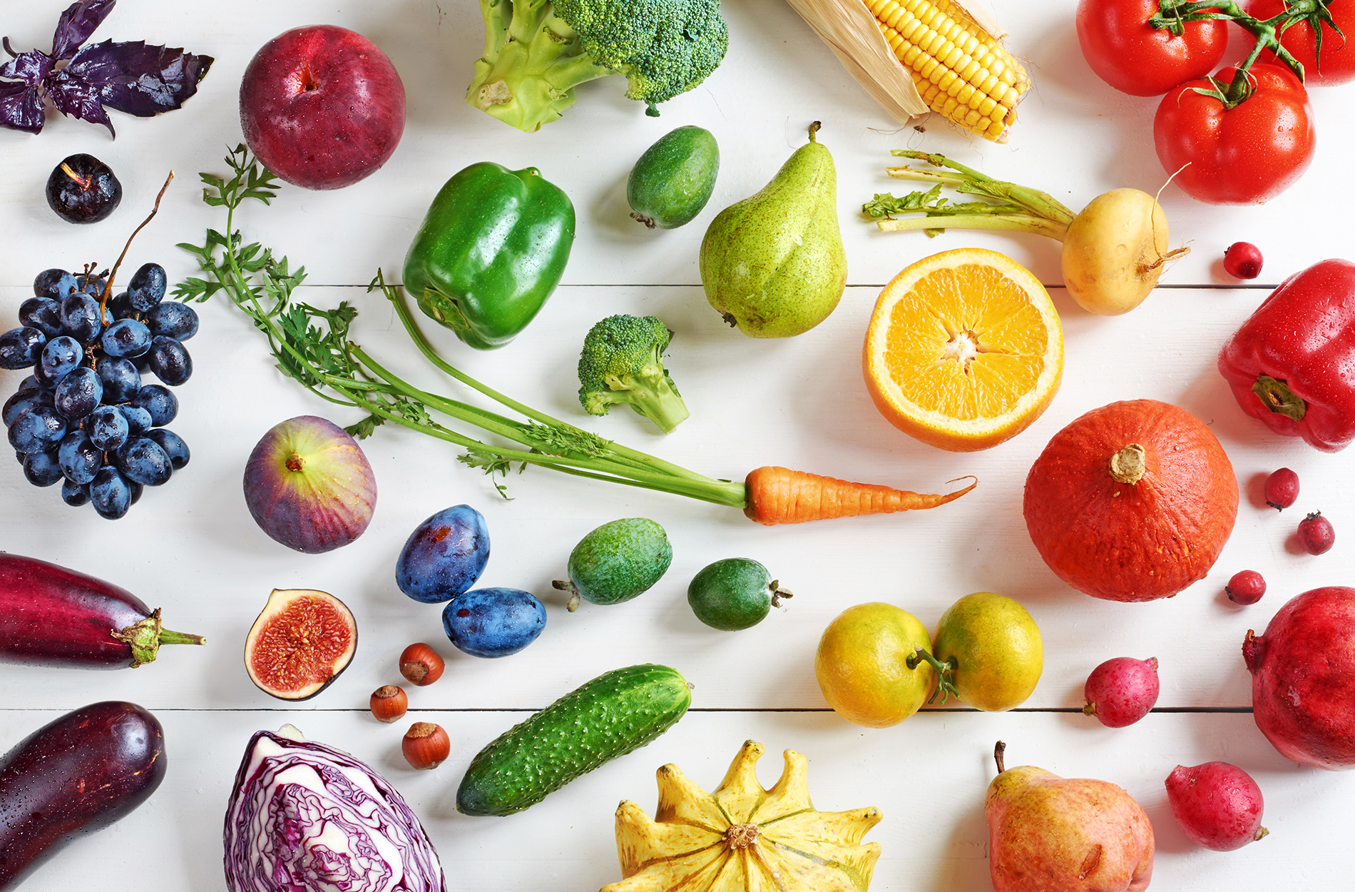 Array of colorful fruits and vegetables
