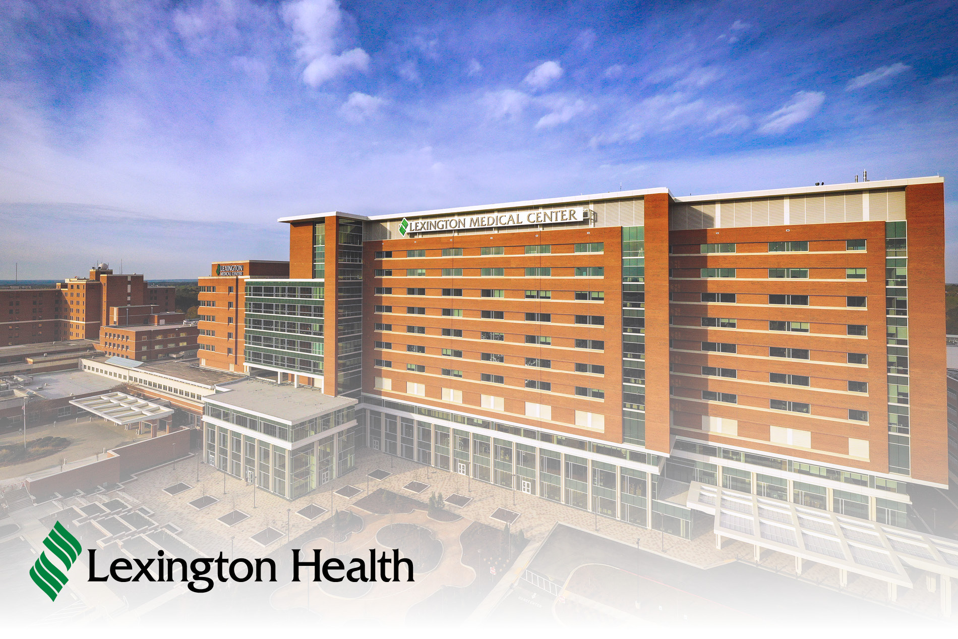 Aerial photo of Lexington Medical Center with overlay logo of Lexington Health