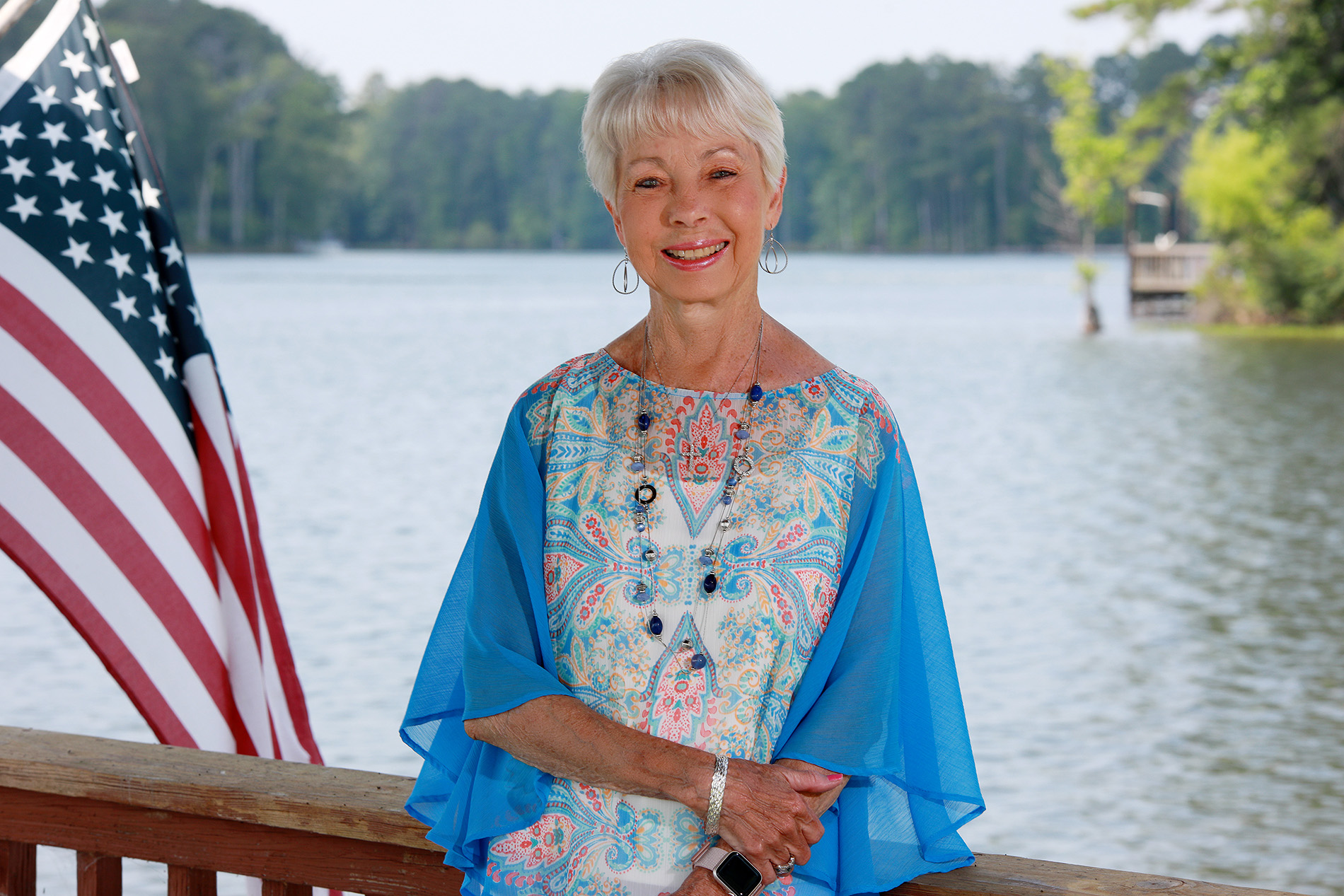 Peggy Lewis on her dock and Lake Murray