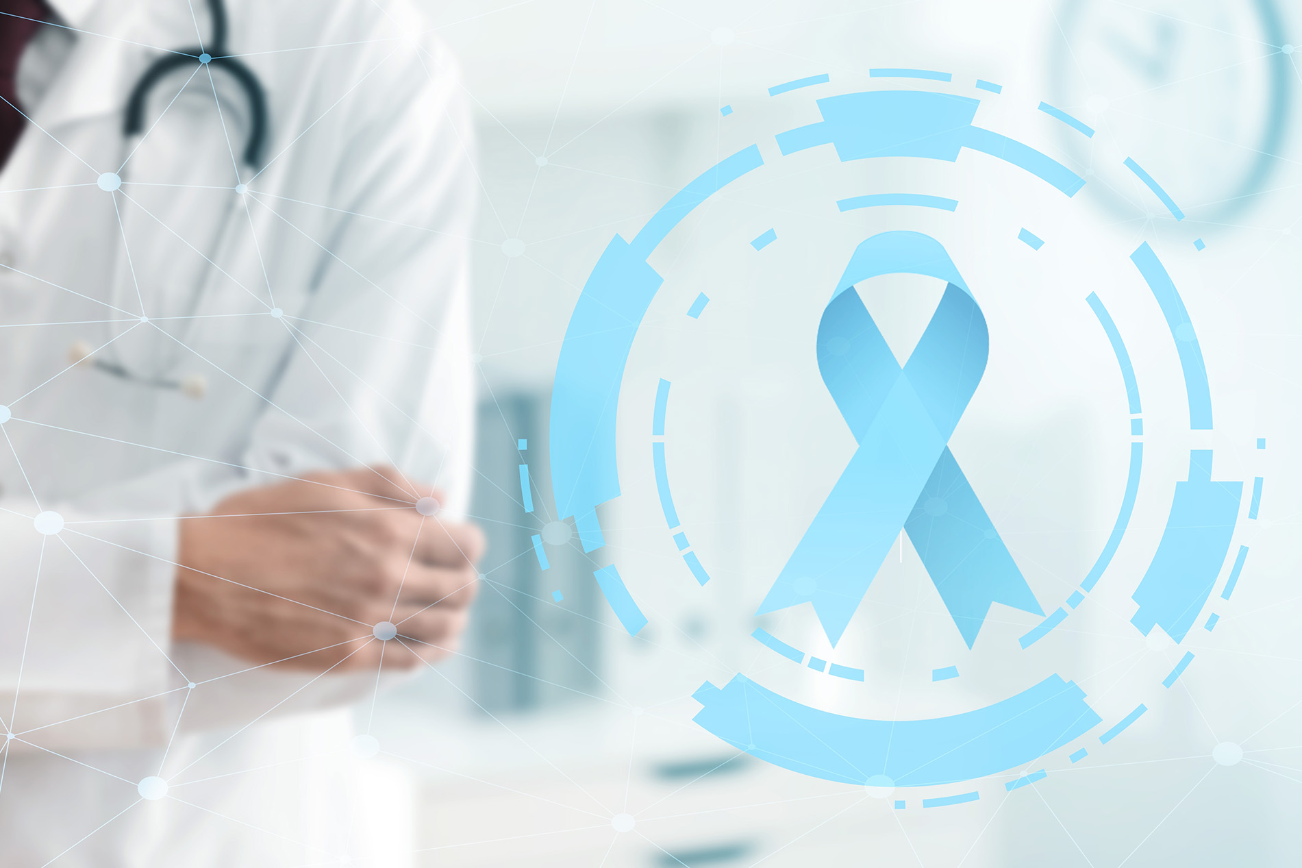 Physician in white lab coat with blue prostate cancer awareness ribbon