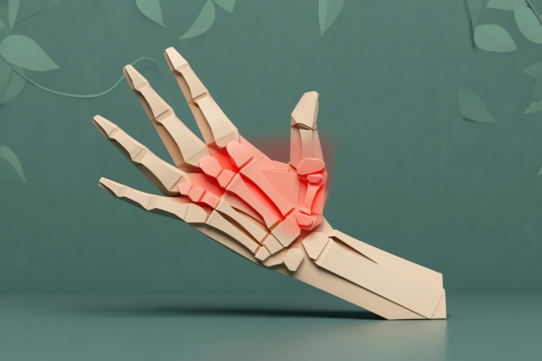 Origami representation of hand with red, inflamed joints from rheumatoid arthritis