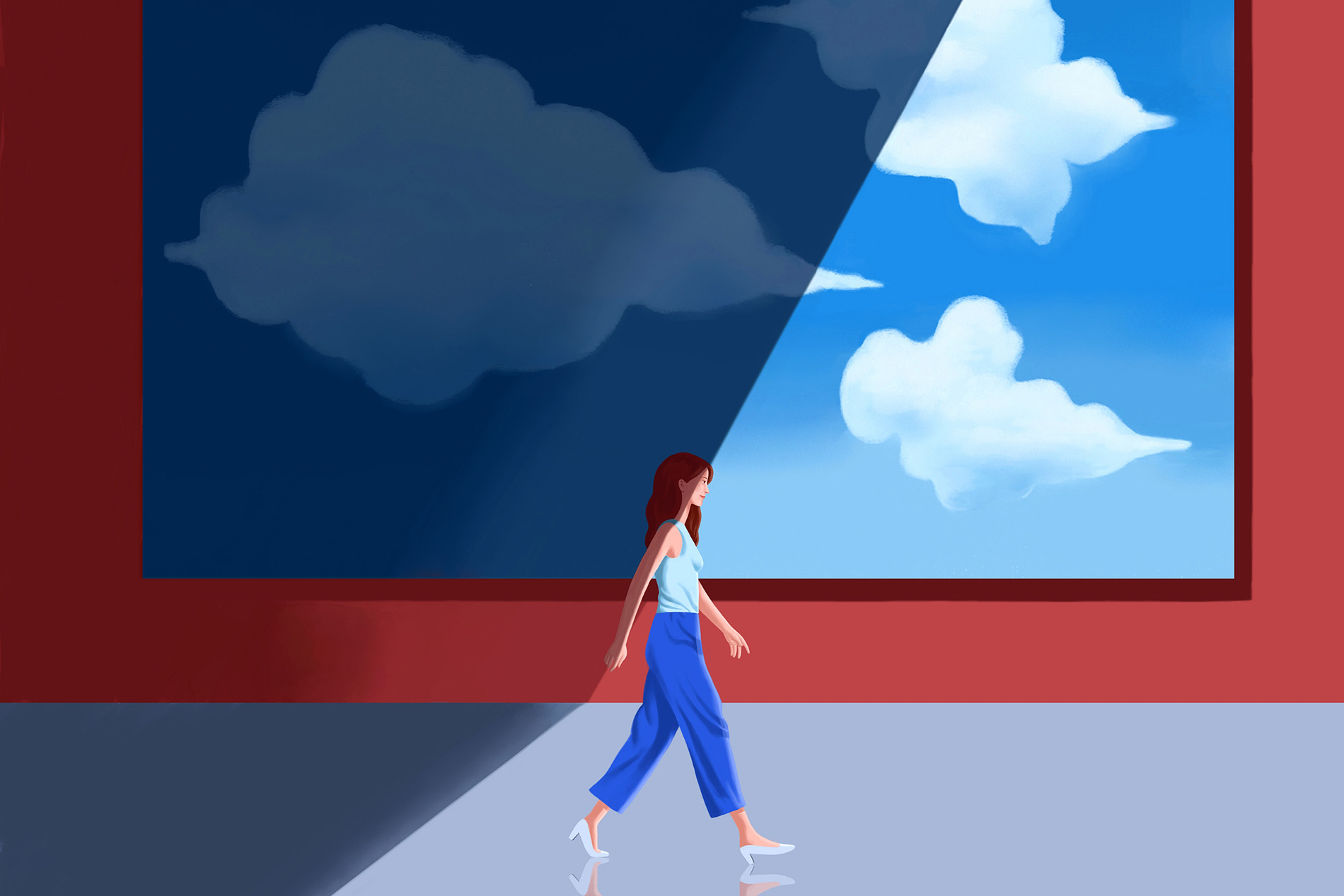 Abstract illustration of woman walking from shadow into light