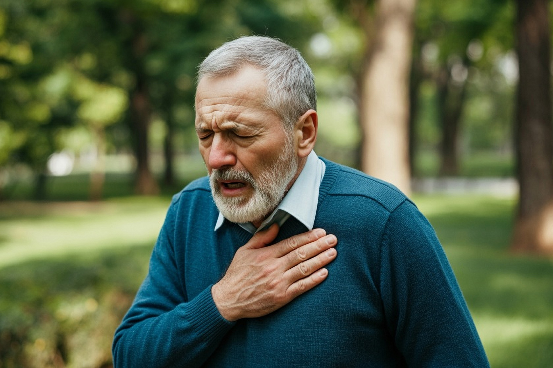 Older man clutching outside clutching his hand to his chest