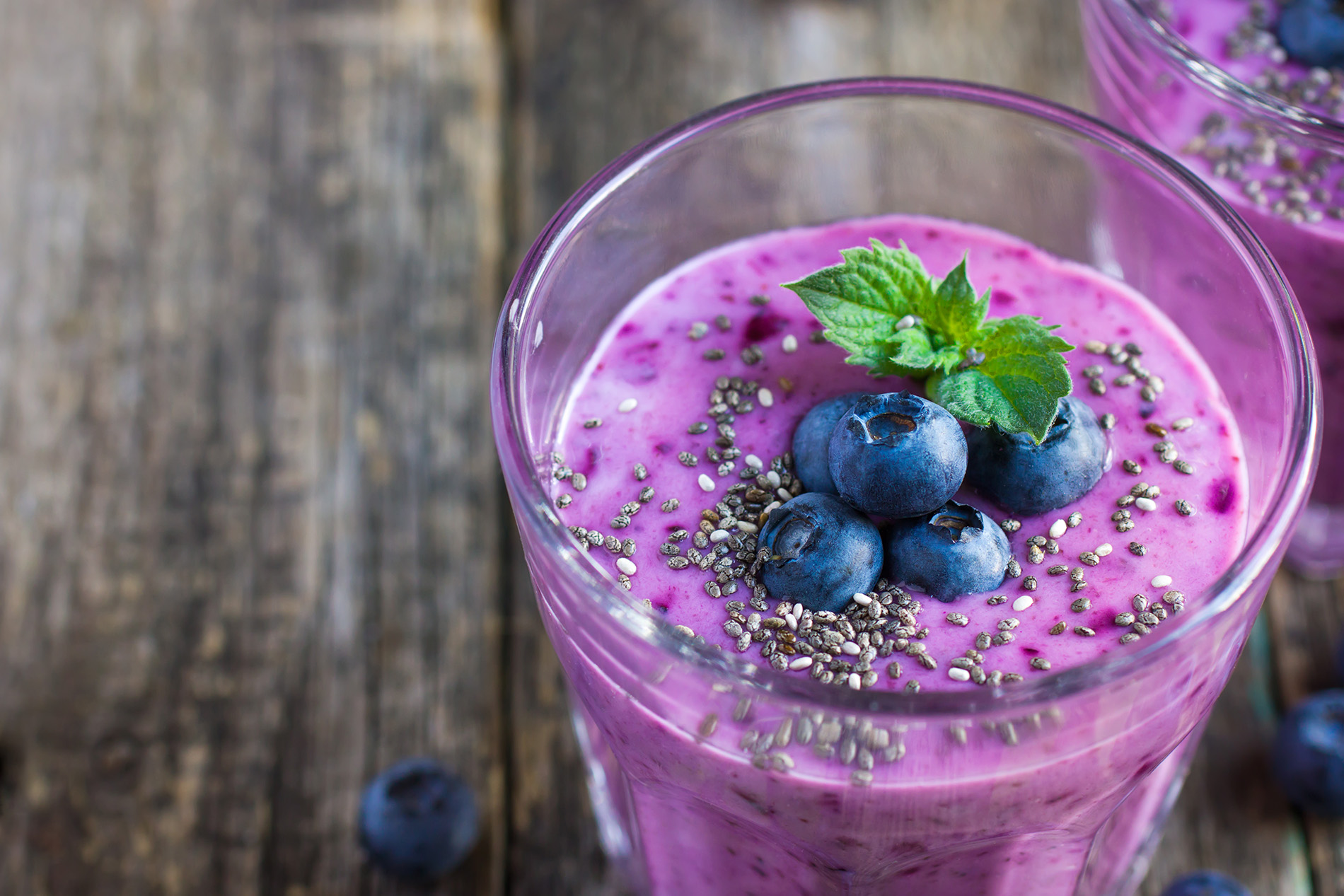 Chia seeds in blueberry smoothie