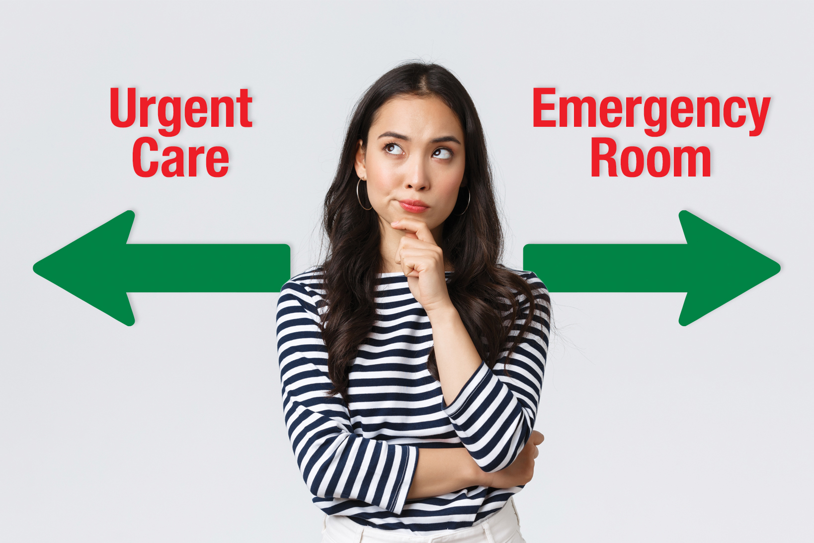 Woman pondering whether to go to the ER or urgent care