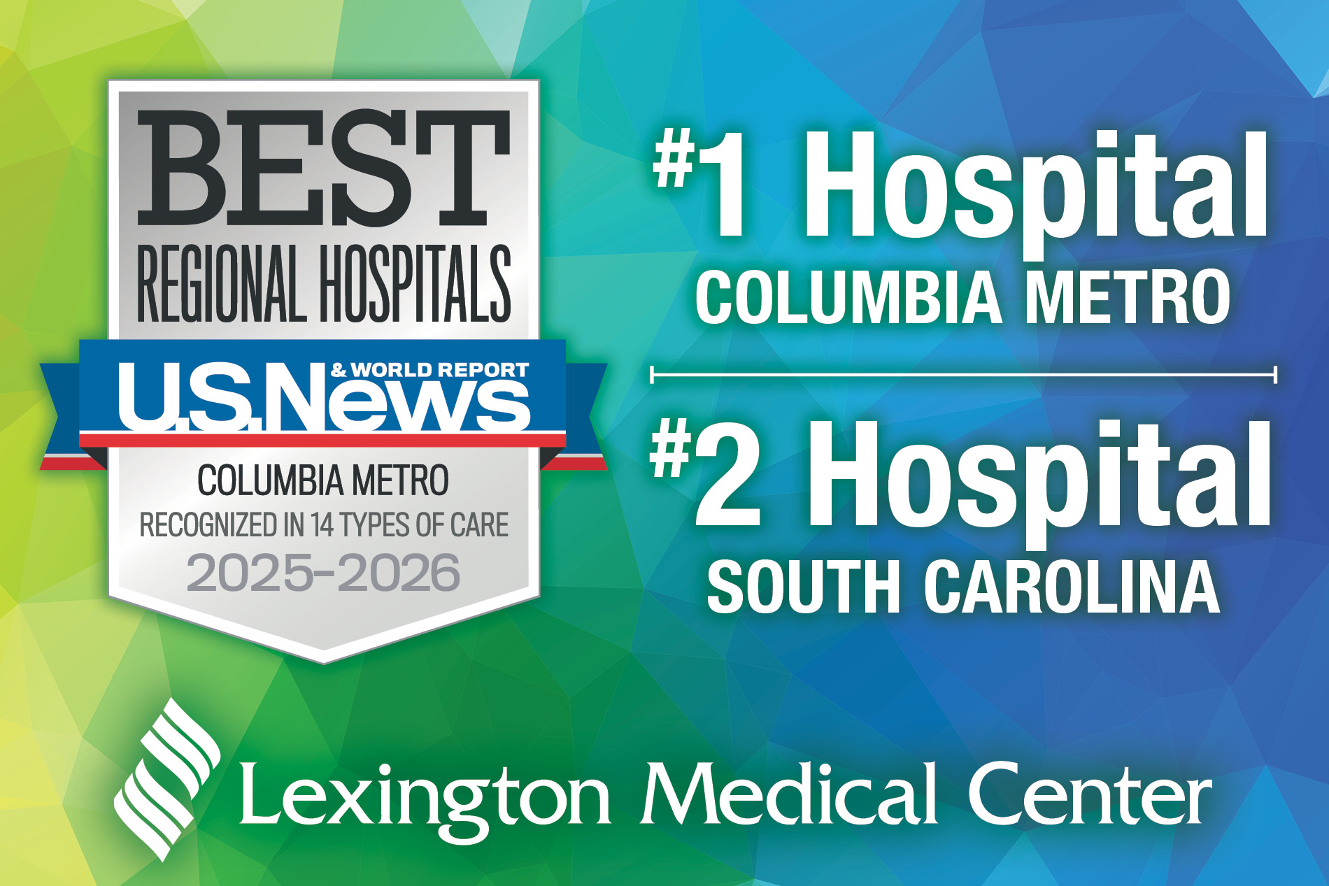 U.S. News & World Report logo with copy naming Lexington Medical Center the #1 Hospital in the Midlands and #2 in SC