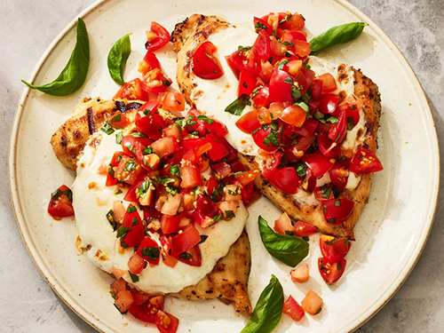 Bruschetta grilled chicken on white plate