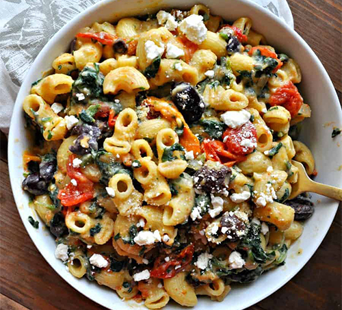 Greek Mac and Cheese Greek macaroni and cheese in white bowl
