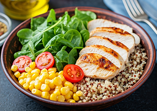 Warm chicken and quinoa bowl