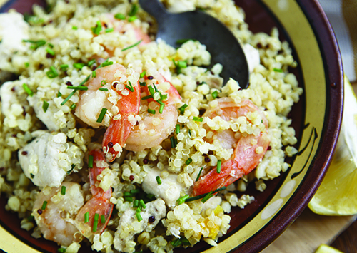 Bowl of quinoa and shrimp paella
