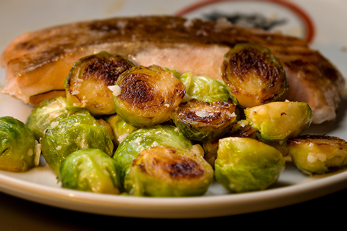 Roasted Brussels sprouts and salmon