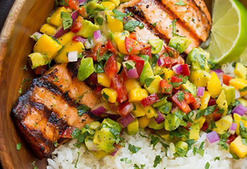 Salmon with mango salsa and mango coconut rice