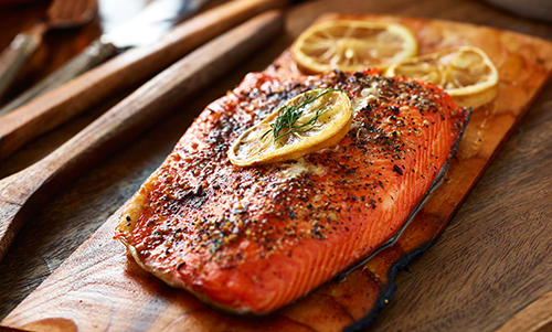 Sweet and spicy salmon on platter