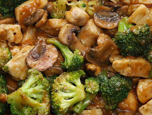 Chicken, mushroom and broccoli stirfry in skillet