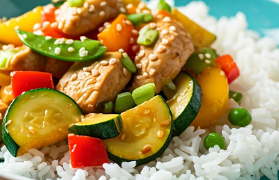 Summer squash and chicken stir fry over white rice