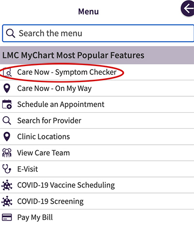 Screen view of LMC MyChart with Symptom Checker tool highlighted