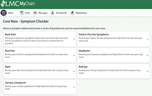 Screen view of condition modules in LMC MyChart symptom checker tool