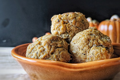 Pumpkin turkey meatballs in bowl