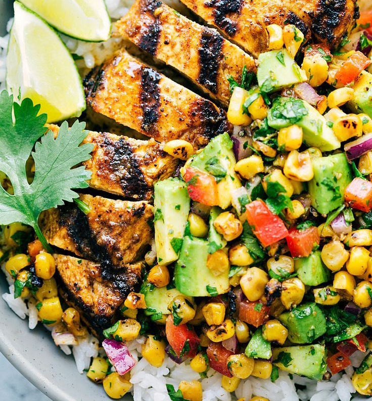 Chicken and avocado corn salsa on a plate