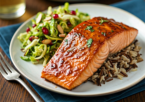 Orange glazed salmon, wild rice and Brussels sprout salad on a plate